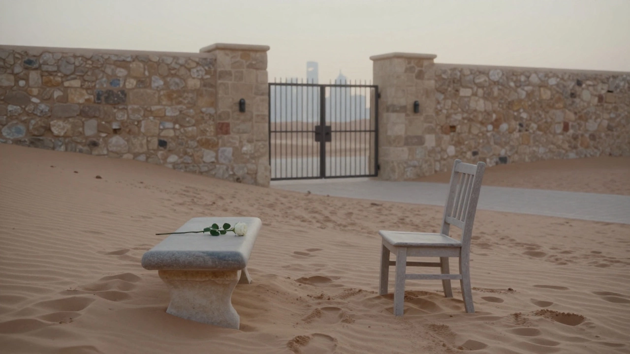A hidden desert garden at dawn with a white rose on a stone bench, footprints ending, gate slightly open to city skyline.
