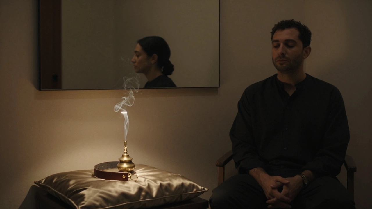 A minimalist chamber with a leather collar on silk, a woman&#039;s silhouette observing a seated man in quiet stillness.