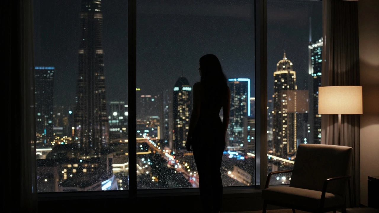 A silhouette of a woman stands by a rain-streaked window in a Dubai high-rise, overlooking the glittering city skyline at night.