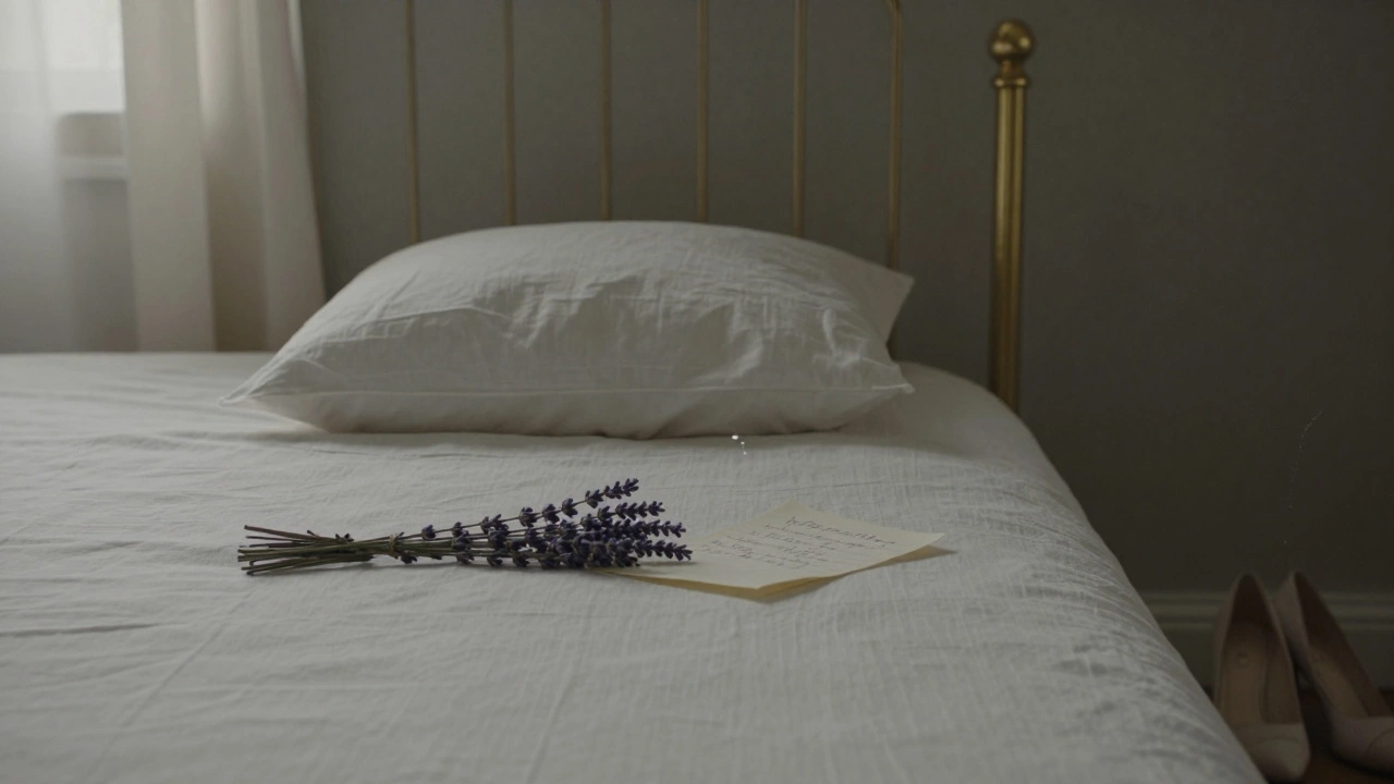 An elegantly made bed with lavender on the duvet and a handwritten note, suggesting a meaningful human encounter.