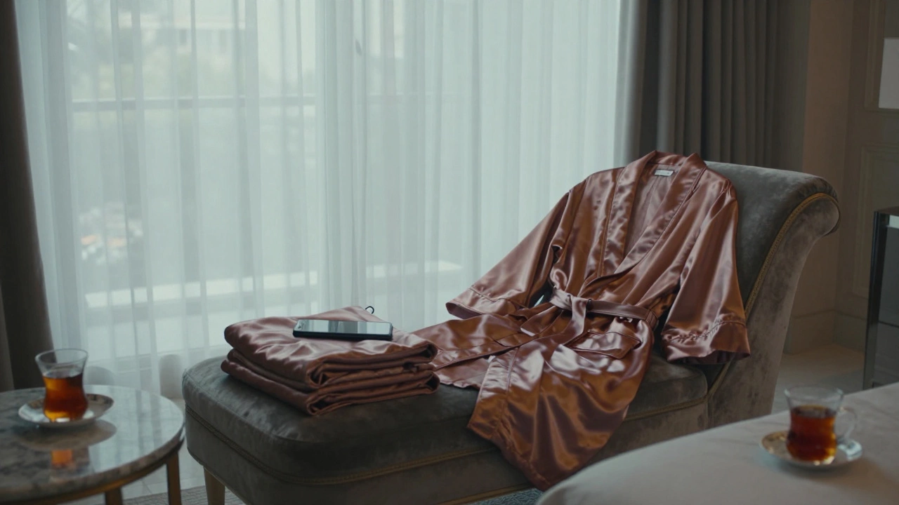 An empty luxury bedroom in Dubai with a folded silk robe and a burner phone on a marble table, morning light filtering through sheer curtains.